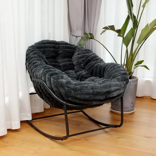 Outdoor Indoor Rocking Chair, Patio Wicker Egg Chair, Indoor & Outdoor Comfy Oversized Papasan Chair with Padded Cushion