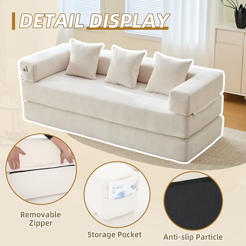 Convertible Sleeper Sofa Bed with Cylindrical Pillow, Corduroy Folding Mattress Couch with Fixed-Shape Frame