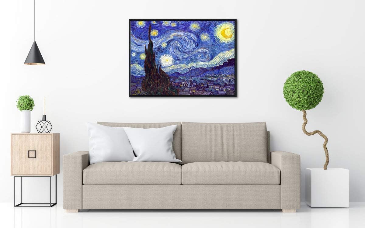 Wieco Art Framed Art Canvas Prints of Starry Night by Vincent Van Gogh Paintings Reproduction Post-Impressionism Artwork Framed Wall Art for Living