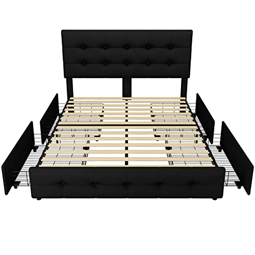 Queen Bed Frame with 4 Storage Drawers and Adjustable Headboard, Upholstered Platform Bed with Button Tufted Design, Strong Wooden Slats Support