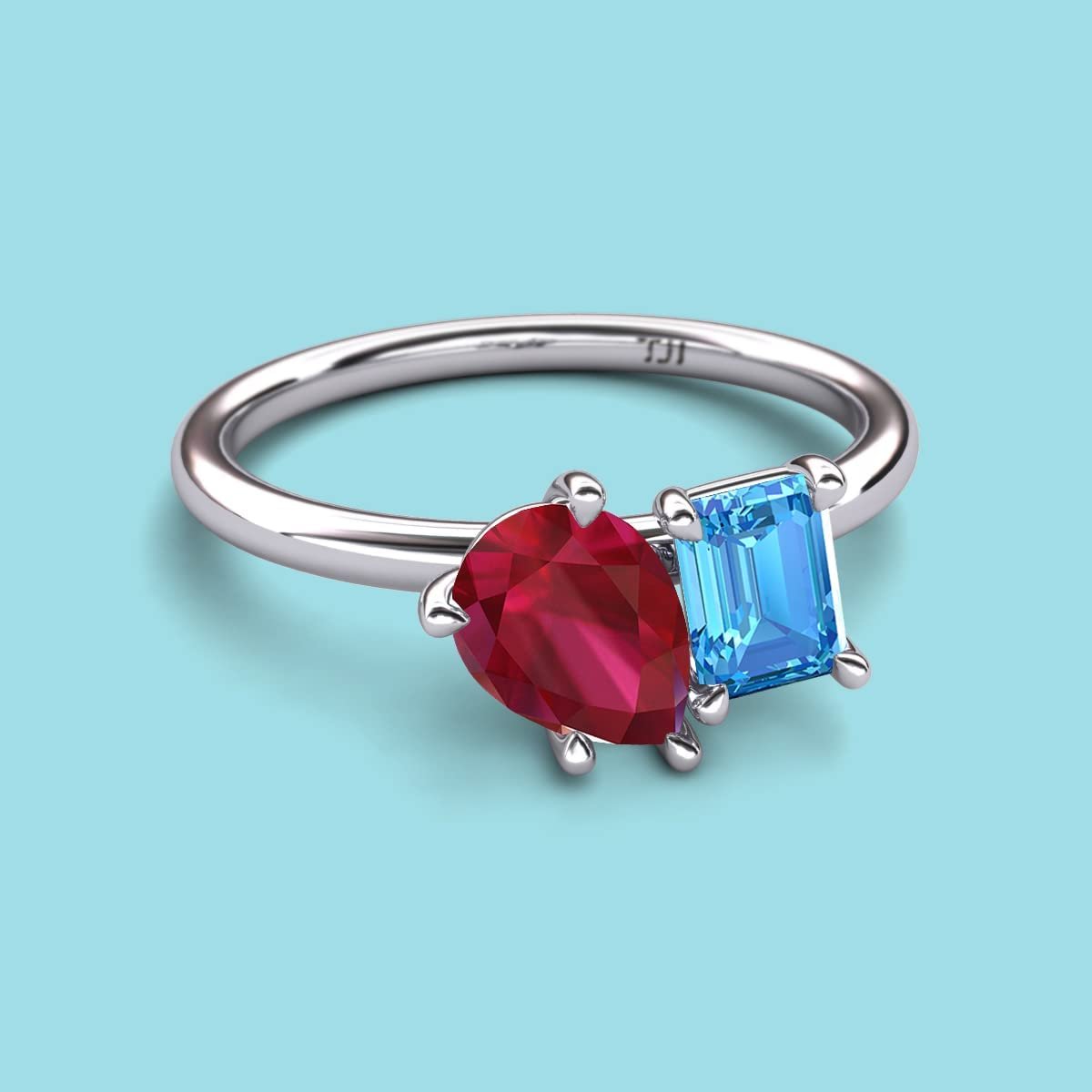 Pear Lab Created Ruby & Emerald Cut Blue Topaz 2 7/8 ctw Four Prong Women 2 Stone Duo Engagement Ring 14K Yellow Gold-8.0