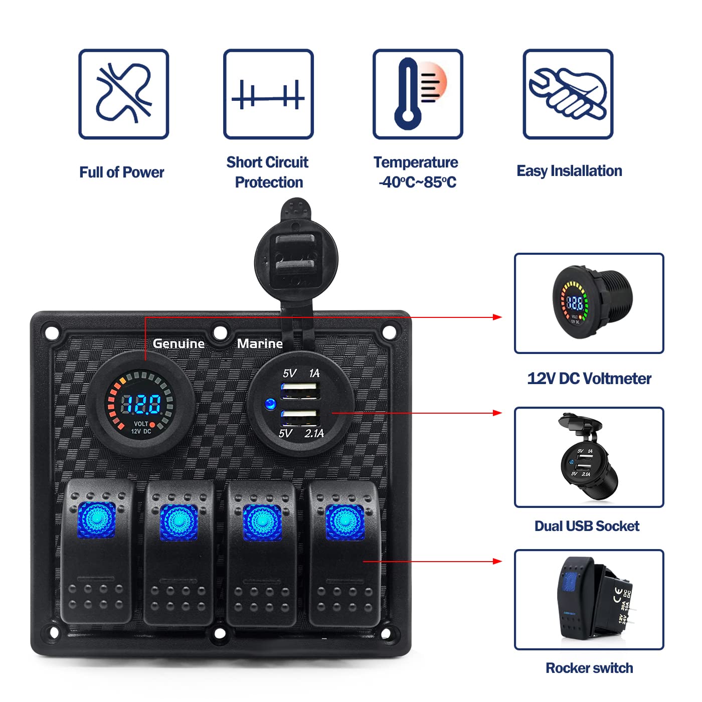 Blue 4 Position Rocker Switch Contura Panel, DC 12V 10/20 Amp 5 Pin On Off Switches, Dual 4.2A USB Port and Color Display Volt Gauge