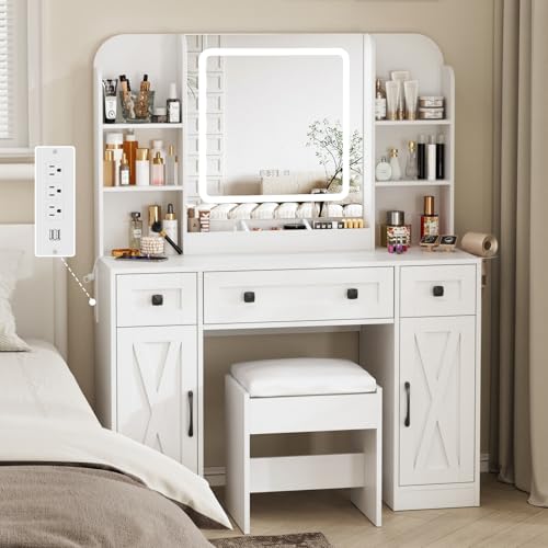 Vabches Makeup Vanity Desk, Vanity Mirror with Lights Desk and Chair,Makeup Table with 3 Large Drawers and 2 Cabinets, Time and Temperature Display