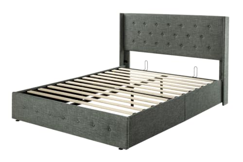 Allewie Full Size Lift Up Storage Bed, Modern Wingback Headboard, Hydraulic Support, No Box Spring Needed, Light Beige