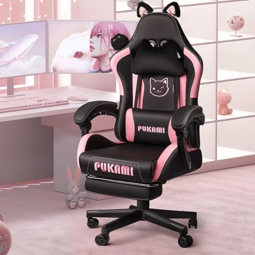 PUKAMI Pink Gaming Chair with Cat Ears and Cat Paw Cushion Pillow,Cute Computer Chair for Girl with Footrest,Ergonomic Gamer Chair