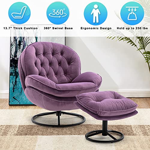 Baysitone Velvet Swivel Accent Chair with Ottoman Set, Modern Lounge Chair with Footrest, Comfy Armchair with 360 Degree Swiveling for Living Room