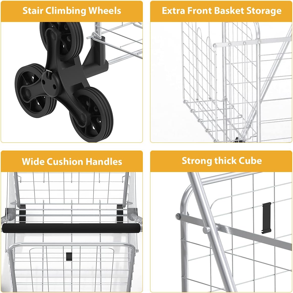 Supenice Grocery Shopping Cart with Wheels Deluxe Stair Climber Utility Cart Easily Collapsible Cart with Tri-Wheels, 66 LBS Capacity