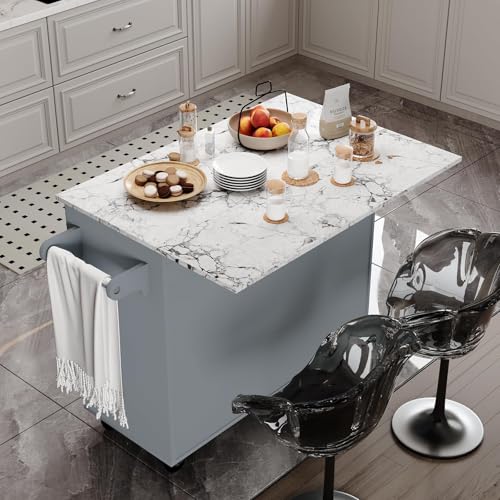 4 EVER WINNER Rolling Island with Storage and Drop Leaf, Marble Tabletop, Kitchen Carts on Wheels with Towel Rack & Spice Rack
