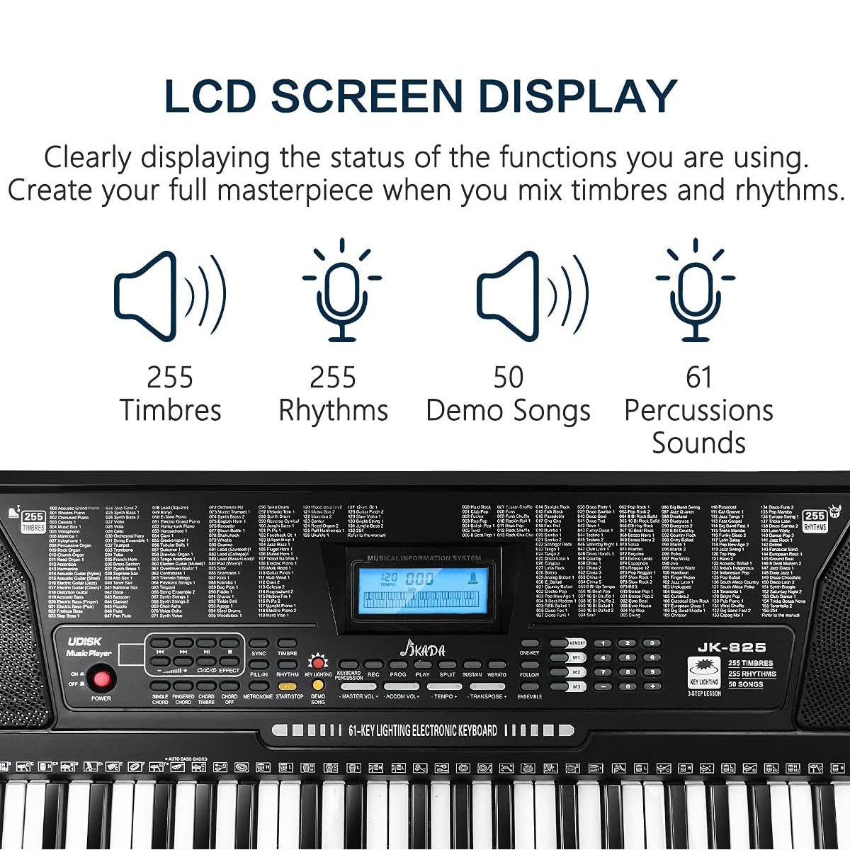 61 Key Portable Electronic Keyboard Piano w/Lighted Full Size Keys, LCD, Headphones, X-Stand, Stool, Music Rest, Microphone, Note Stickers