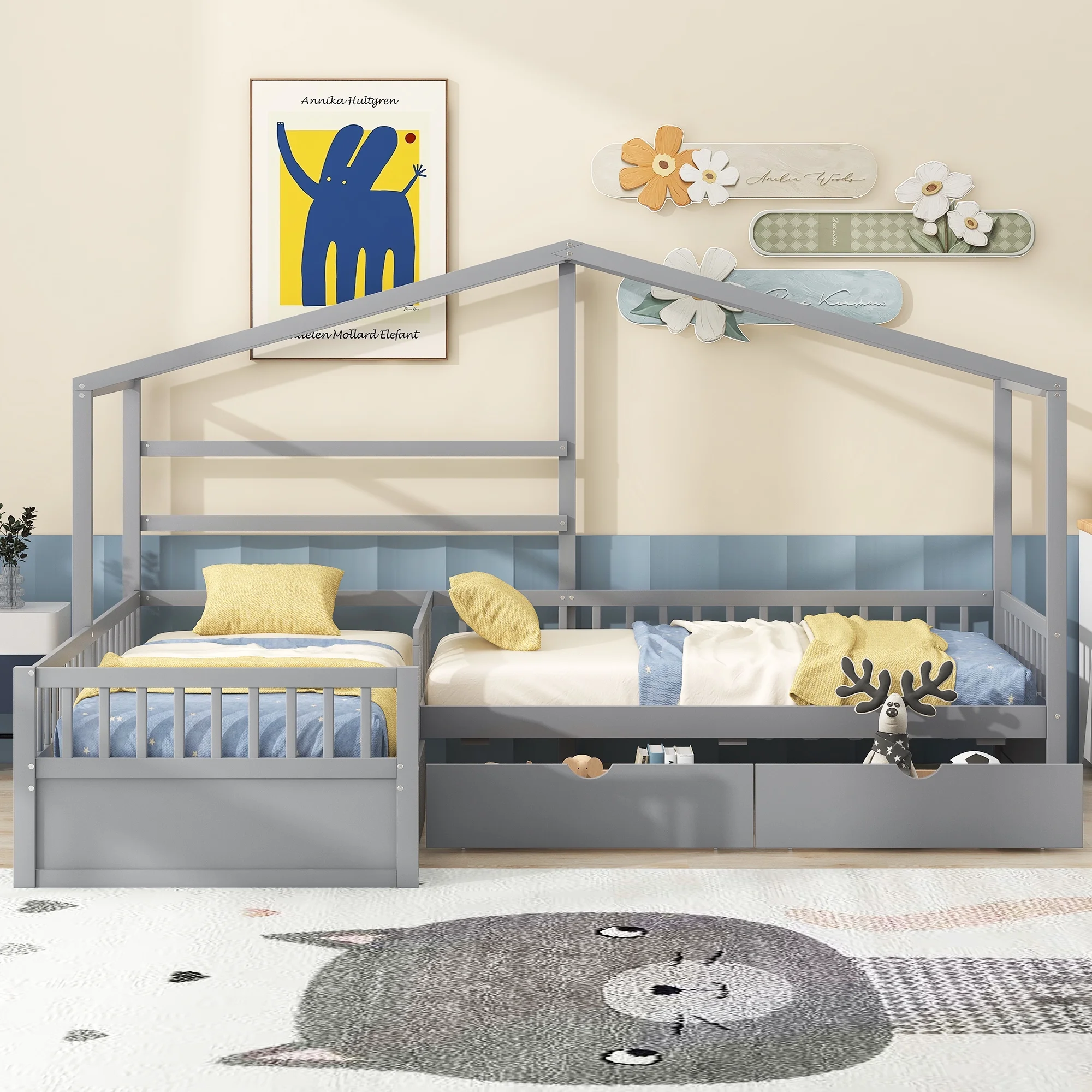 Churanty L Shaped Twin Bed for 2 Kids, Twin Size House Platform Bed with 3 Storage Drawers, Wood Double Twin Beds with Fence and Roof