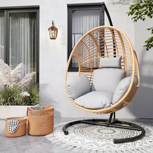 Oversized Hanging Egg Chair Outdoor Indoor, Wicker Swing Egg Chair with Stand 400lbs Capacity for Bedroom, Patio, Garden and Balcony (Beige-nest