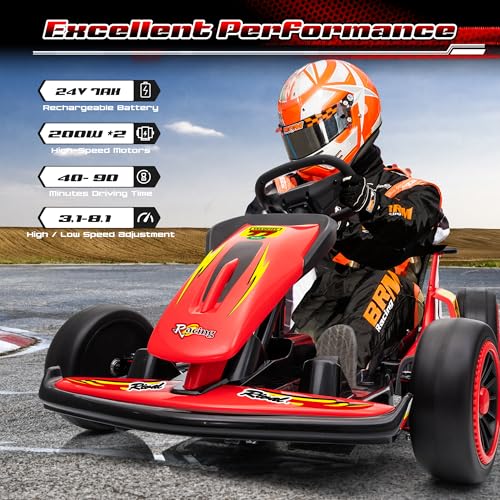24V Electric Go Kart for Kids, 400W Drift Cart with EVA Tires, High/Low Speed, Max Speed 8.1 MPH, Music, Wireless