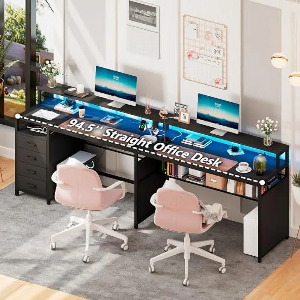 ZFGSUIJN L Shaped Desk with LED Lights &amp; Power Outlets  Reversible Home Office Desk with Drawers &amp