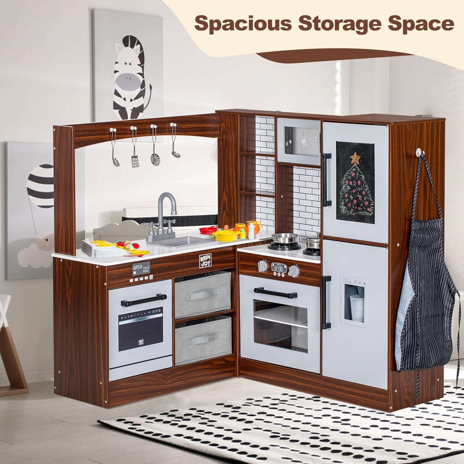 Corner Play Kitchen for Kids, Wooden Toddler Kitchen Playset w/Faucet, Sink, Microwave, Oven, Apron, Blackboard, Storage Cabinets