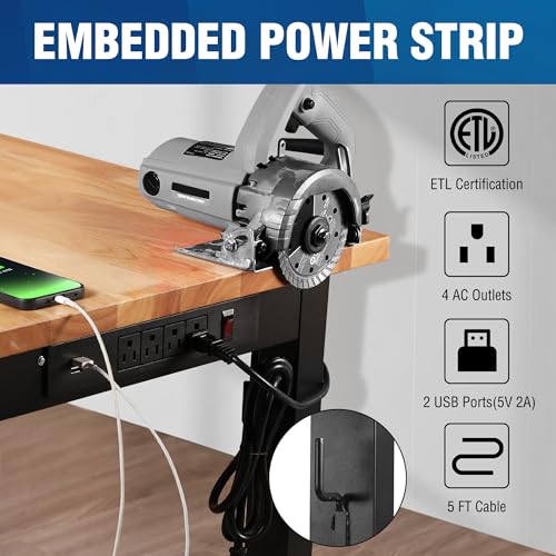 WORKPRO Adjustable Garage Workbench, 48"x22" Rubber Wood Top Heavy-Duty Work Desk with Power Outlets, Leveling Foot, 5 Heights