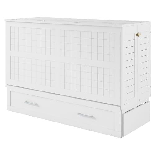 Queen Size Farmhouse Murphy Bed Cabinet with Charging Station, Foldable Platform Bed Frame with 2 Storage Drawers