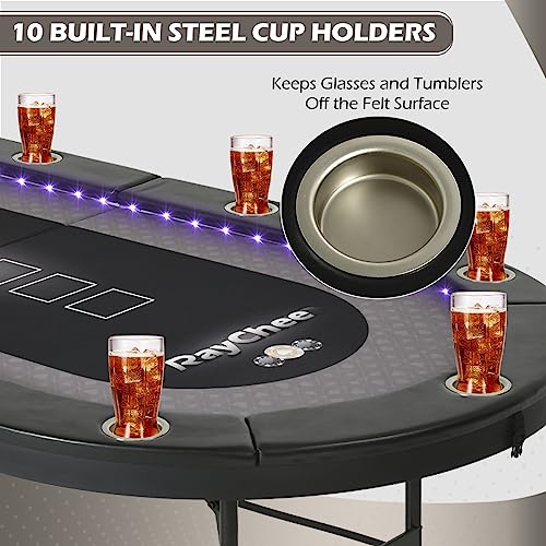 LED Poker Table, 10 Player Foldable Texas Holdem Table w/Inlaid LED Light, 2 USB & 2 Type-c Ports