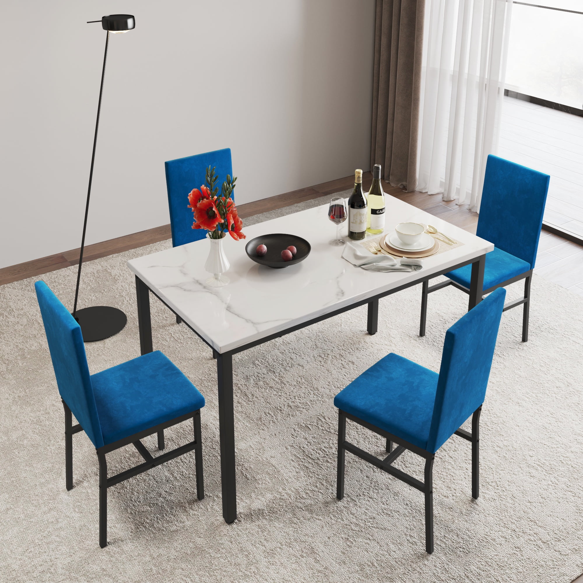 Modern Dining Set for 4, 5-Piece Dining Table and Chairs Set, 1 Table with White Marble Top, 4 Blue Velvet Chairs for Kitchen Dining Room Living Room