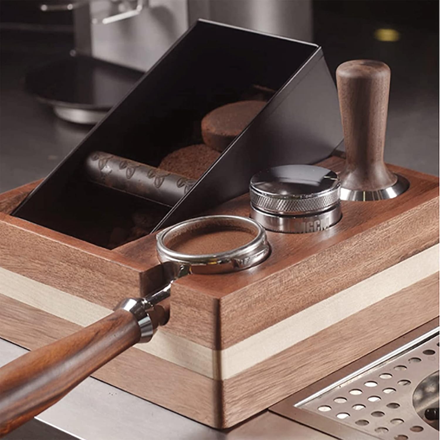 Wooden Espresso Knock Box, 4 in One 58mm Tamper Holder with Card Slot Design & Removable Grounds Box, Make Your Desktop Neat & Consistent, for Tamper