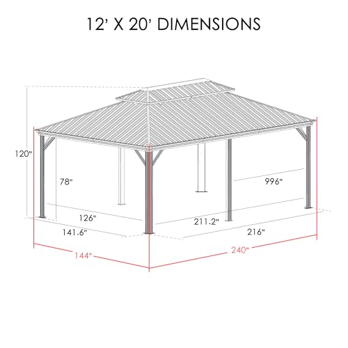 Kozyard Apollo 10’x12’ Hardtop Gazebo, Wooden Coated Aluminum Frame Canopy with Galvanized Steel Double Roof