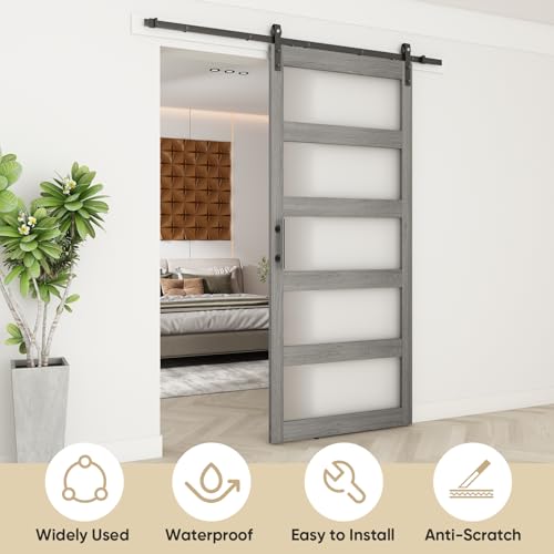 BARNSMITH 42in x 84in Glass Barn Door with 7FT Sliding Door Hardware Kit Included & Handle