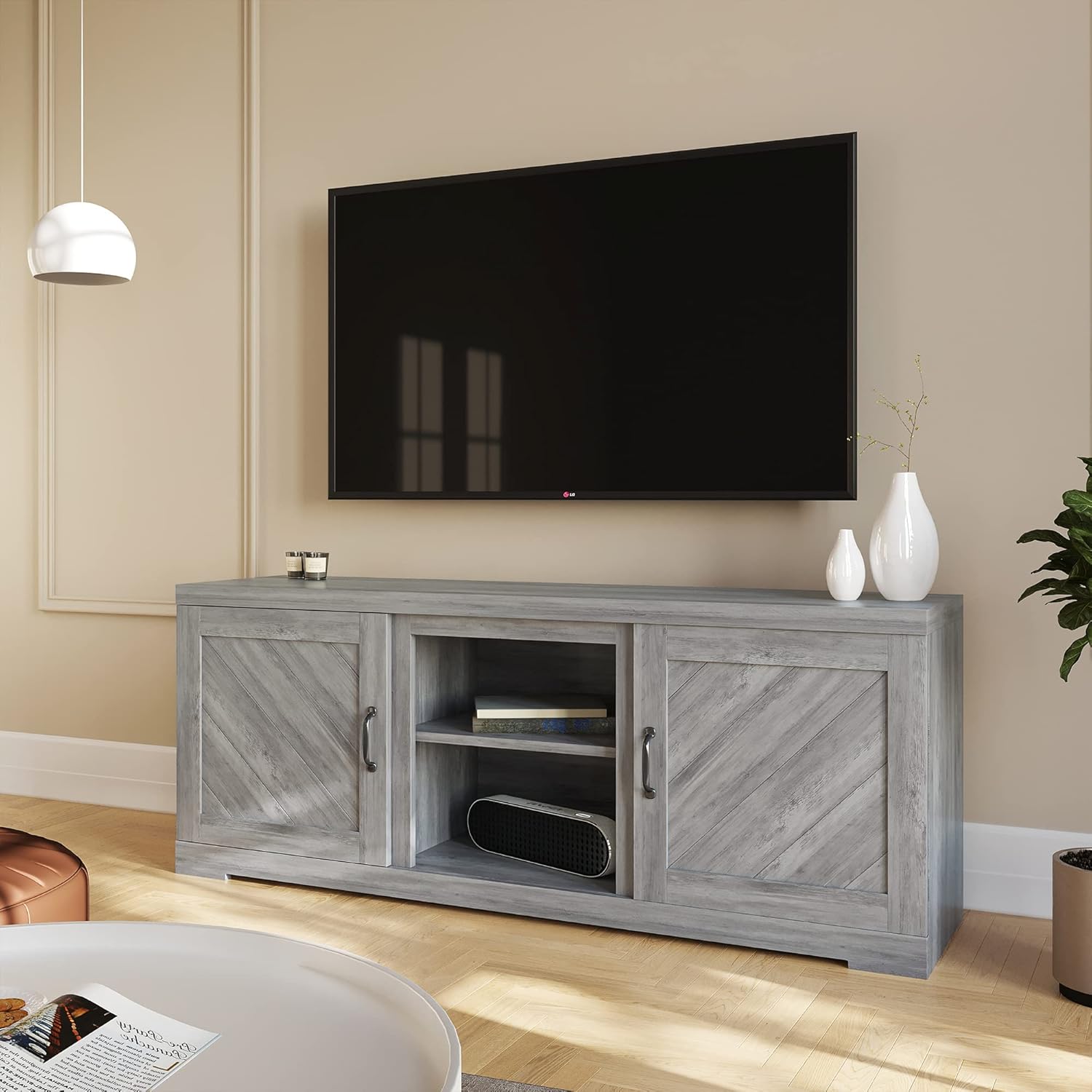 BELLEZE Modern Farmhouse Electric Fireplace TV Stand & Media Entertainment Center Console Table for TVs up to 65 Inch with Storage Cabinets and