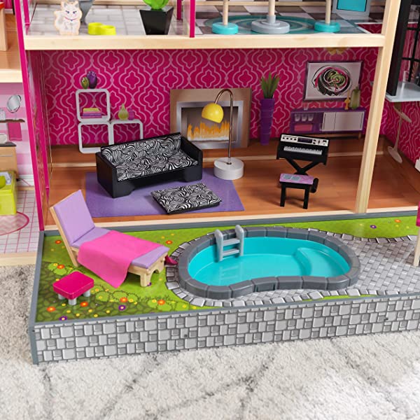 Wooden Modern Dollhouse with Lights & Sounds, Pool and 36 Accessories, Gift for Ages 3+ 49.25" x 25.25" x 46.25"