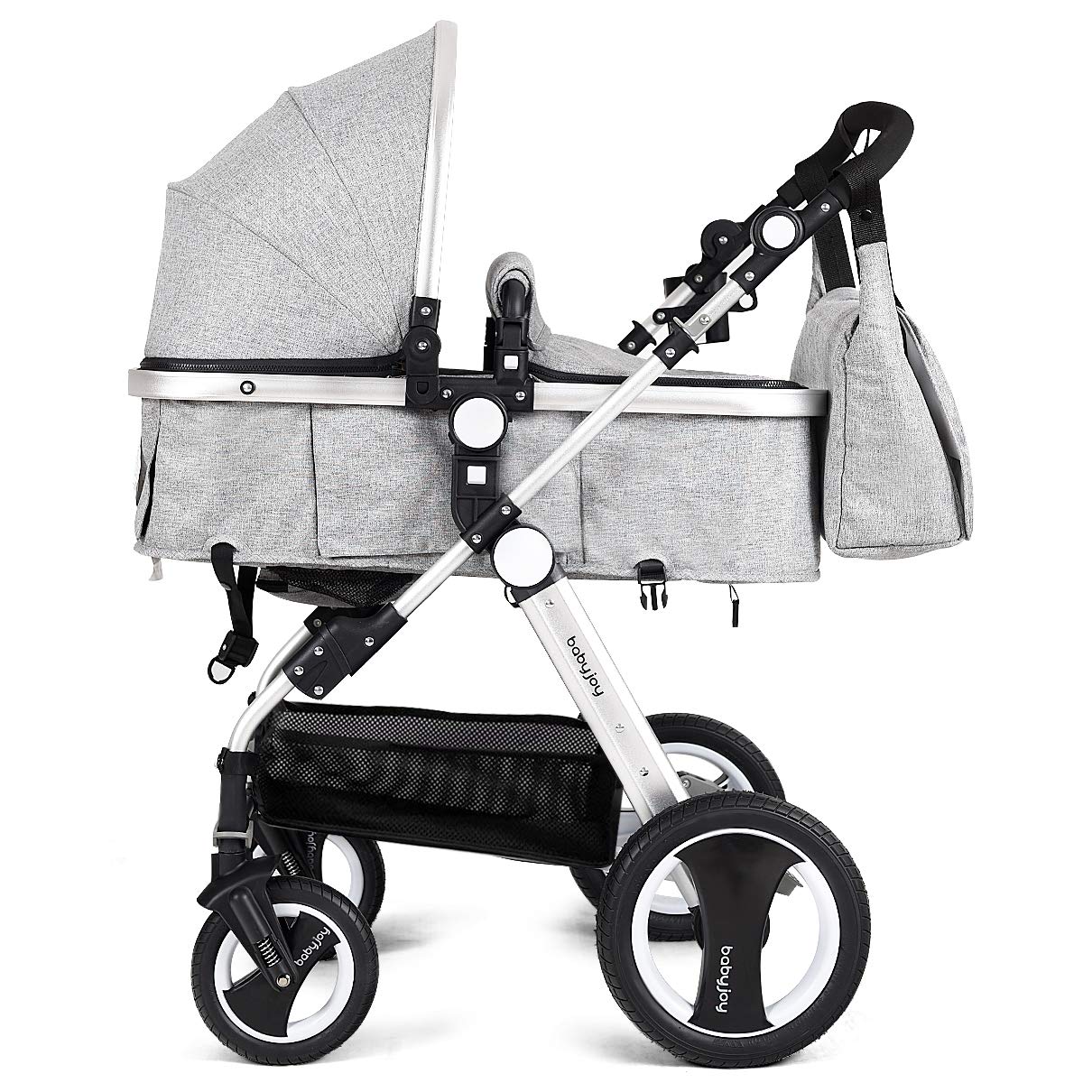 BABY JOY Baby Stroller, 2-in-1 Convertible Bassinet Reclining Stroller, Foldable Pram Carriage with 5-Point Harness, Including Cup Holder, Foot Cover