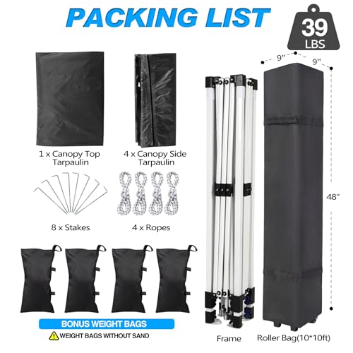 10x10 Pop Up Canopy Tent with 4 Removable Sidewalls and Windows, Ez Pop Up Outdoor Canopy, Adjustable Commercial Tent with Roller Bag
