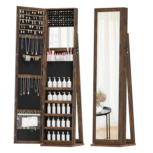 Jewelry Cabinet with Full-Length Mirror, Lockable Jewelry Armorie Standing with Inside Makeup Mirror, Space-Saving Jewelry Storage Organizer, Brown