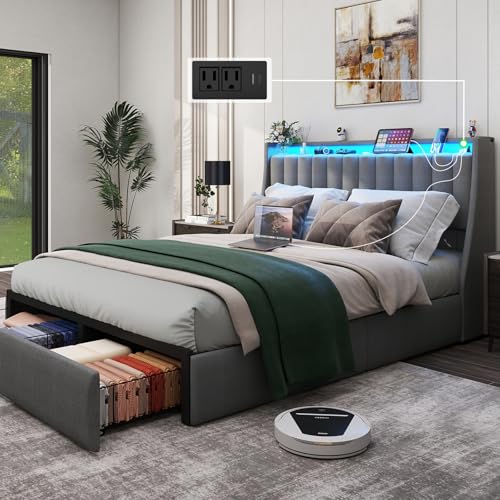Queen Bed Frame with 2 Storage Drawers, Platform Bed Frame Queen Size with LED Light, Upholstered Headboard, Charging Station, Steel Slat Support