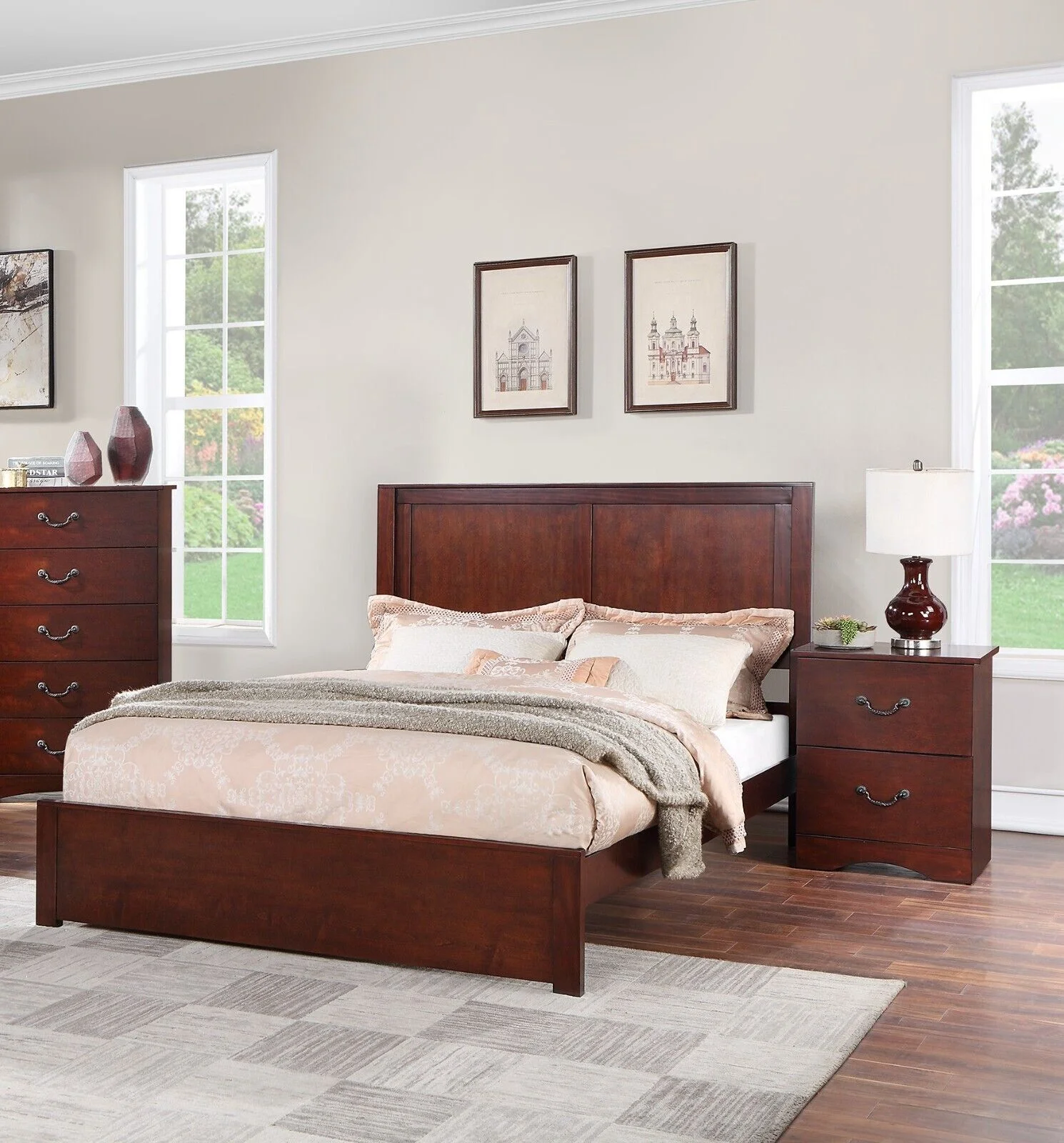 Brown Finish Chic Design 3pc Eastern King Size Bed Set Bedroom Furniture 2x Nightstands Wooden Headboard Footboard