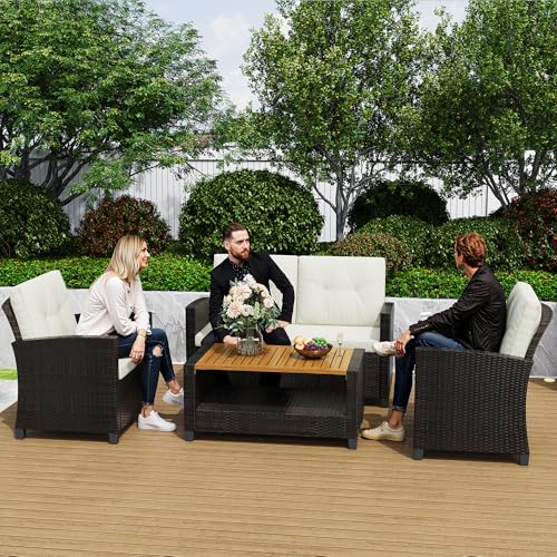 Wisteria Lane 4 Piece Outdoor Patio Furniture Sets, Wicker Conversation Set for Porch Deck, Gray Rattan Sofa Chair with Cushion