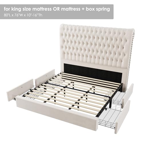 King Size Bed Frame 54" Tall Headboard with Gorgeous Button Tufted and Nail, Velvet Fabric Upholstered Bed Frame includes 4 Under-bed Storage Drawers