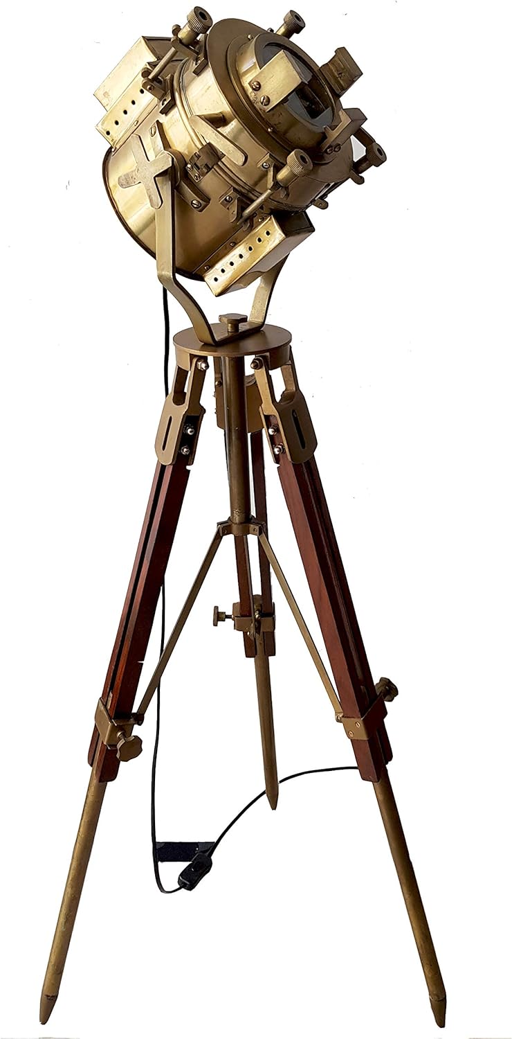 Vintage Antique Hollywood Theater Marine Searchlight Nautical Wooden Brown Tripod Handmade Brass Floor Lamp Retro Spotlight