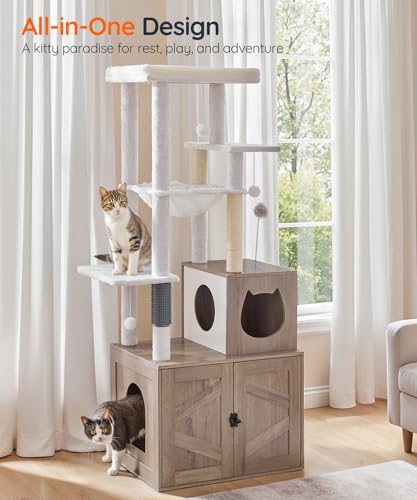 HOOBRO Cat Tree with Litter Box Enclosure, Tall Cat Tower for Indoor Cats, All-in-One Modern Cat Condo, Hidden Litter Box Enclosure Furniture