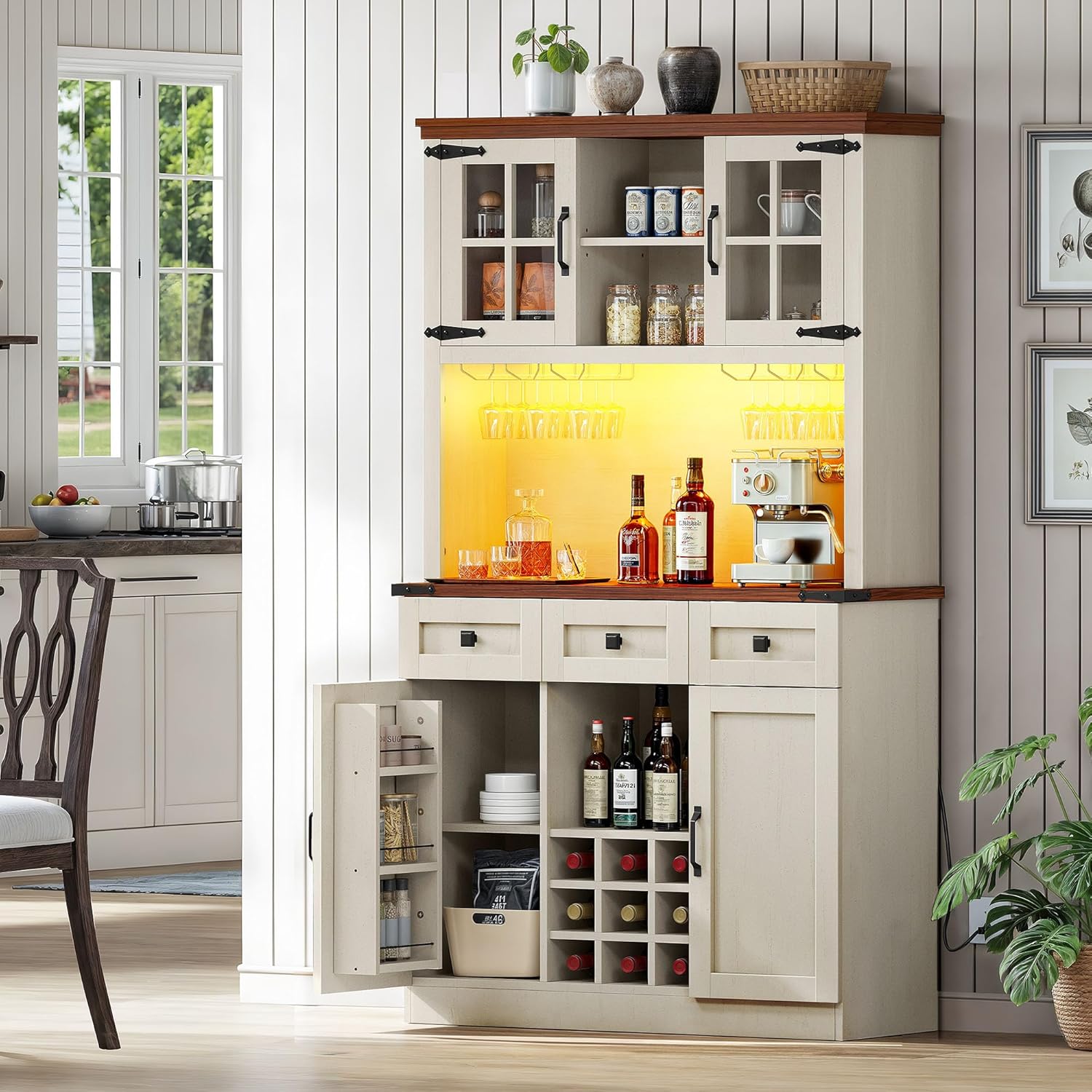 DWVO Coffee Bar Cabinet with Power Outlet/Lights, 72" Farmhouse Pantry Cabinet with Storage Shelves and 3 Drawers