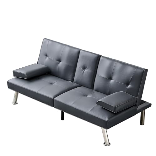 Faux Leather Convertible Folding Futon Sofa Bed with 2 Cup Holders, Sleeper Couch Bed with Removable Armrests, Metal Legs