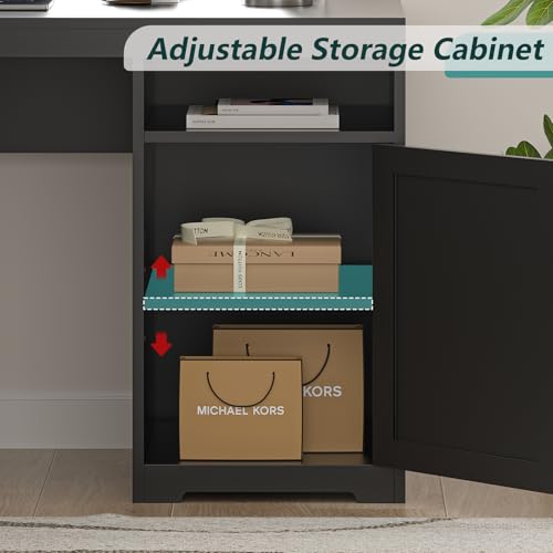 63" Farmhouse L Shaped Executive Desk with Drawers & Storage Shelf, Corner Computer Desk with Power Outlets, L Shaped Office Desk with Monitor Stand