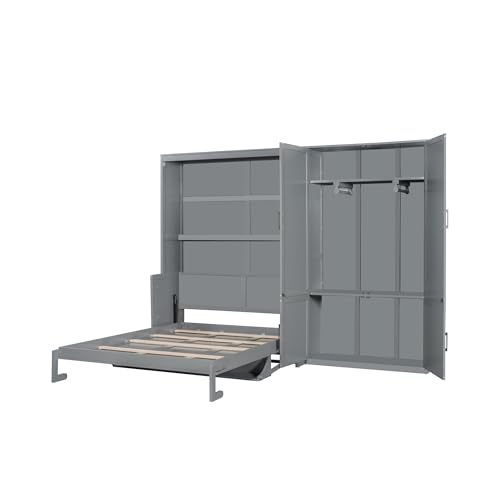 Queen Size Murphy Bed Wall Bed with Desk and Closet,Drawers and Shelves,for Small Spaces Studio Study Office Guest Room Use (Gray#Desk, Queen)