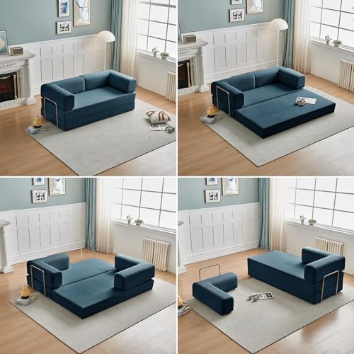 Convertible Floor Sofa Bed, Foldable Mattress Cloud Couch with Pillow Back & Armrest, Chenille Sleeper Sofa Bed with Fixed-Shape Frame