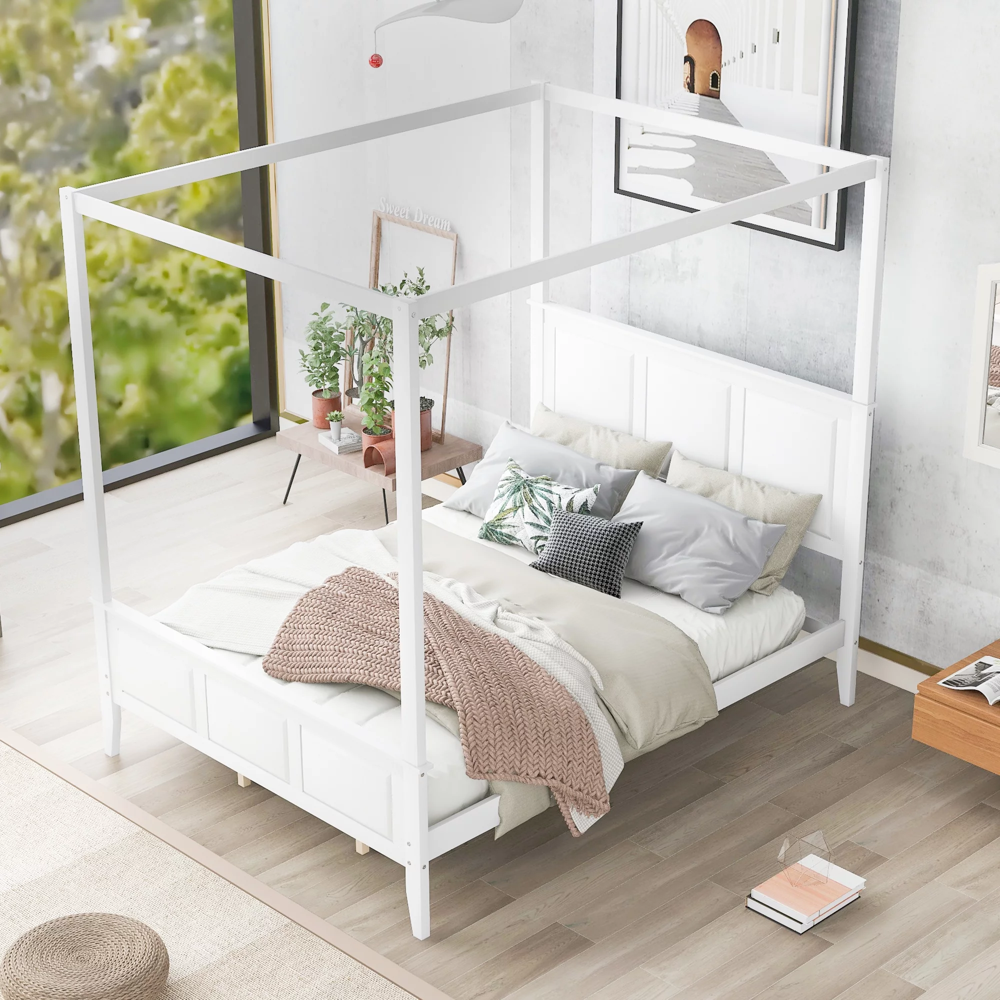 Euroco Wood Queen Size Canopy Platform Bed with Four Support Legs for Kids Teens Adults, White