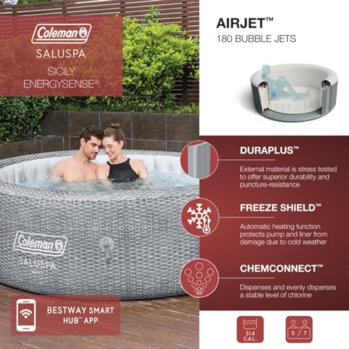 Bestway Coleman Sicily AirJet Large Round 5 to 7 Person Inflatable Hot Tub Portable Outdoor Spa with 180 AirJets and EnergySense Cover, Grey