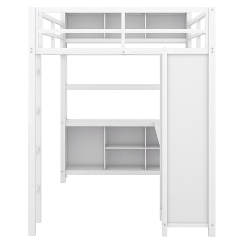 Queen Size Modern Metal Loft Bed with Wardrobe and L-Shaped Desk,Storage Cubes and Shelves,for Kids Teens Adults Bedroom Use (Black#h, Queen)