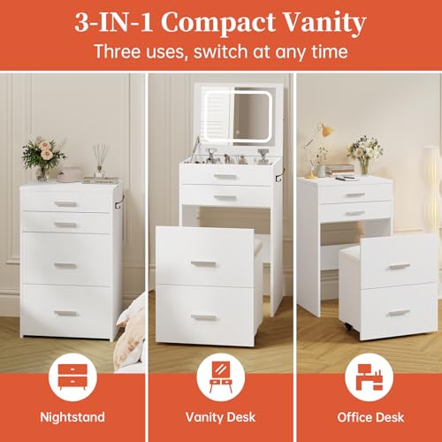 Compact Vanity with 3 Drawers, 3 in 1 Vanity Desk, Makeup Desk with Flip-up 3 Colors Lighting Mirror and Cushioned Stool