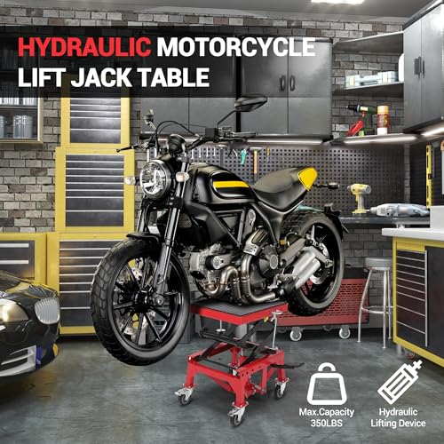 Hydraulic Motorcycle Lift Jack 350LBS, Foot Operated Scissor Lift Table for ATV Dirt Bike, Heavy-Duty Steel Stand with Safety Lock & Wheels