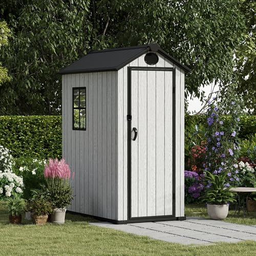 4.4x6 FT Resin Outdoor Storage Shed, 230 Cuft Garden Tool Sheds & Outdoor Storage Plastic Shed with Floor