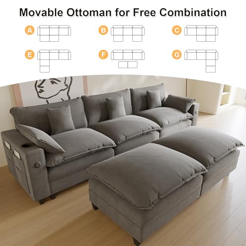 Modular Sectional Sofa, Cloud Couch with Ottoman, Charging Station, Throw Pillows, Cup Holders, Modern Convertible U Shaped Couches for Living Room