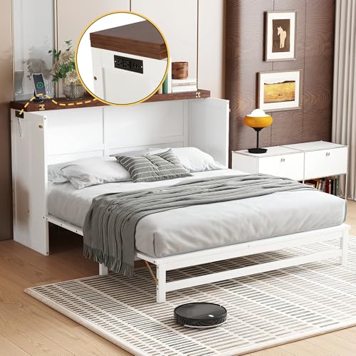 KEIKI Queen Size Murphy Bed with Charging Station, USB Ports & Storage Drawers, Pine Folding Cabinet Bed for Guest Room, Bedroom, Office