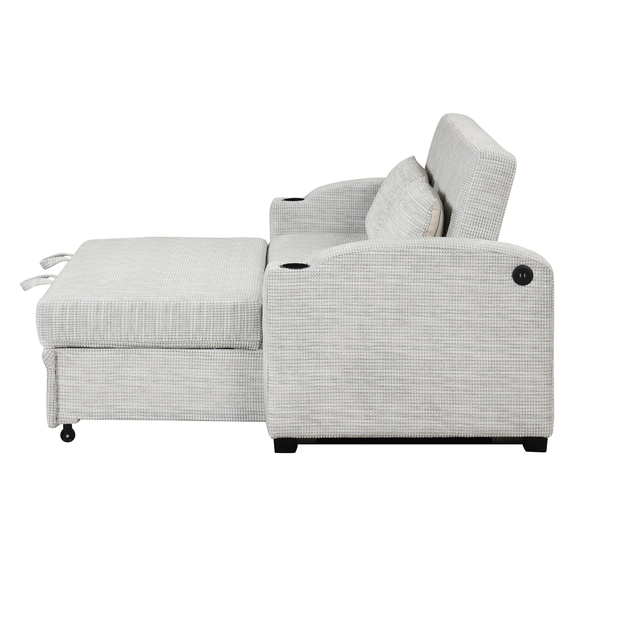 65" Pull Out Sofa Bed Modern Chenille Convertible Loveseat Sofa with Adjsutable Backrest, 2 Pillows, Cup Holders, USB Ports for Living Room